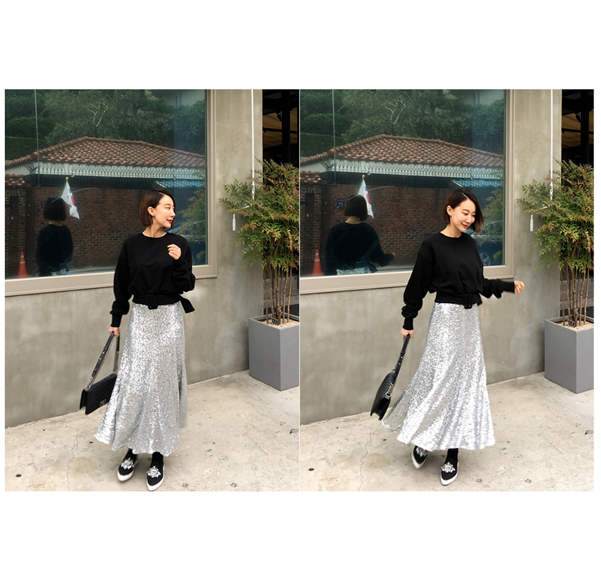 Spangle Long Skirt Point Look Flare Silver skirt f