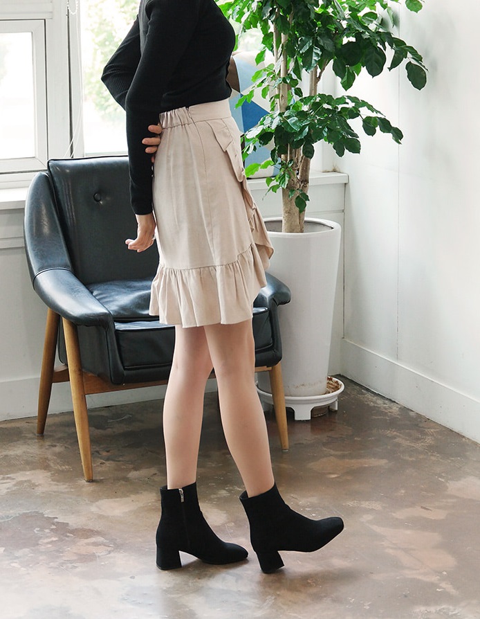 Leather suede square nose mid-angle boots heel hei