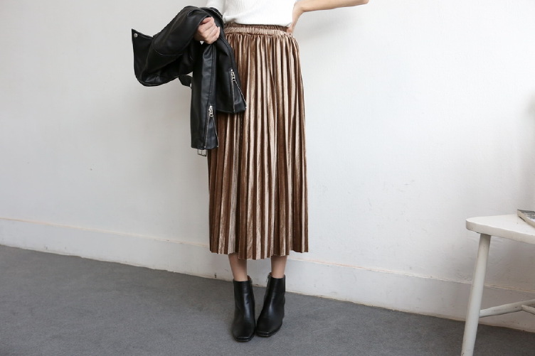 Glossy velvet Pleated bands Long skirt Semi office