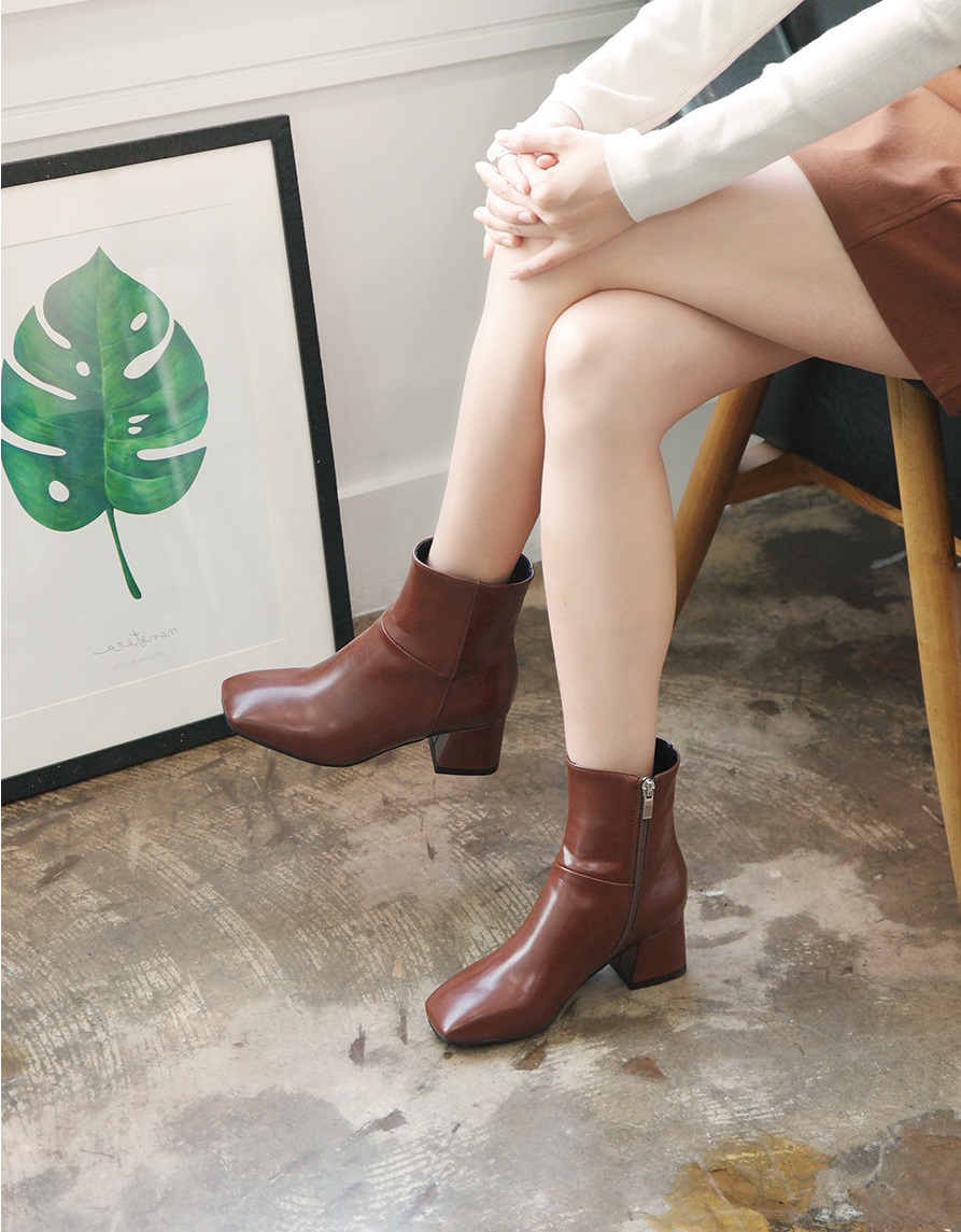 Leather suede square nose mid-angle boots heel hei