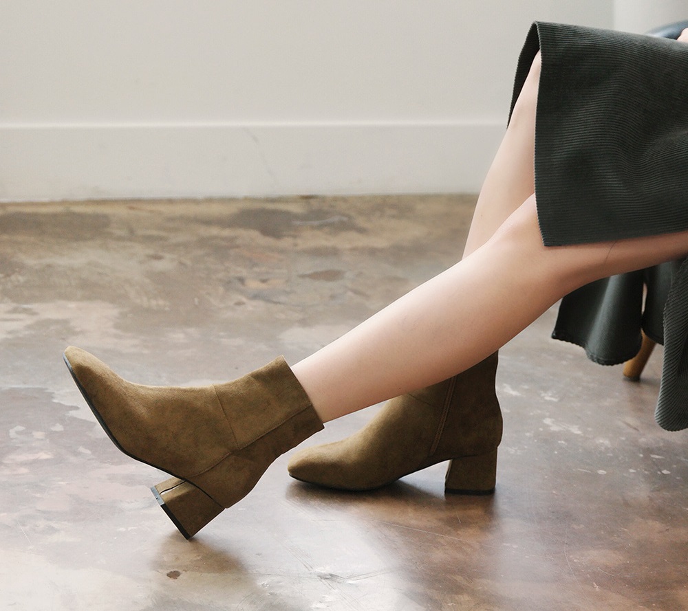 Leather suede square nose mid-angle boots heel hei
