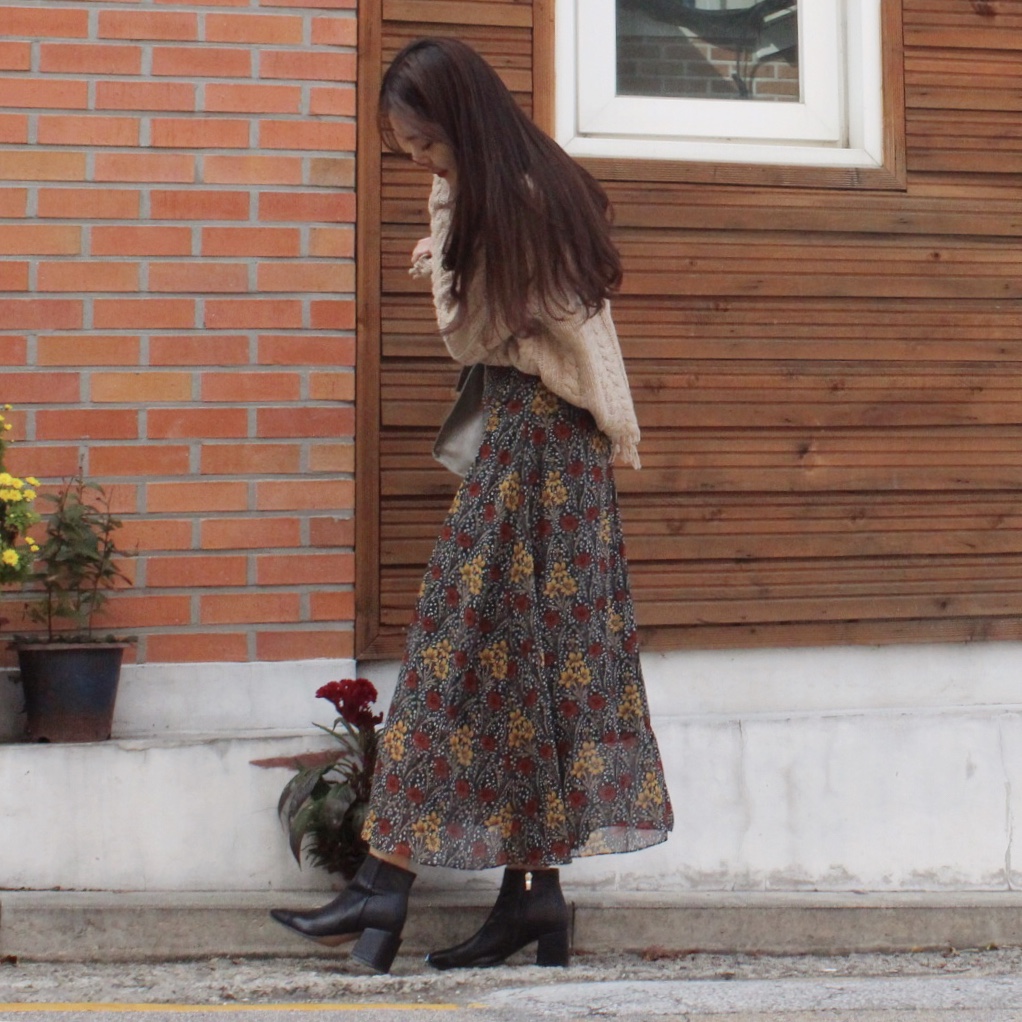 Flower chiffon maxi skirt 2col Winter Coordination