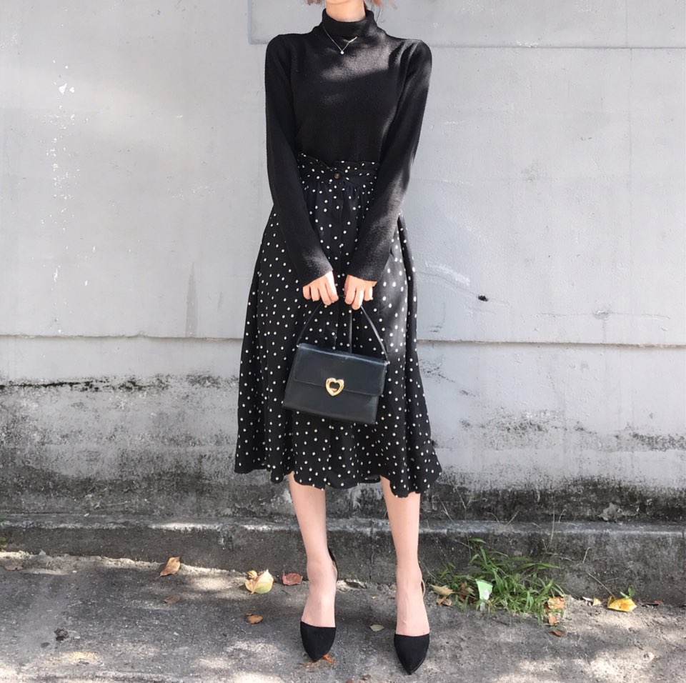 Autumn Frilled Dot Skirt Flare Midi Long Banding A