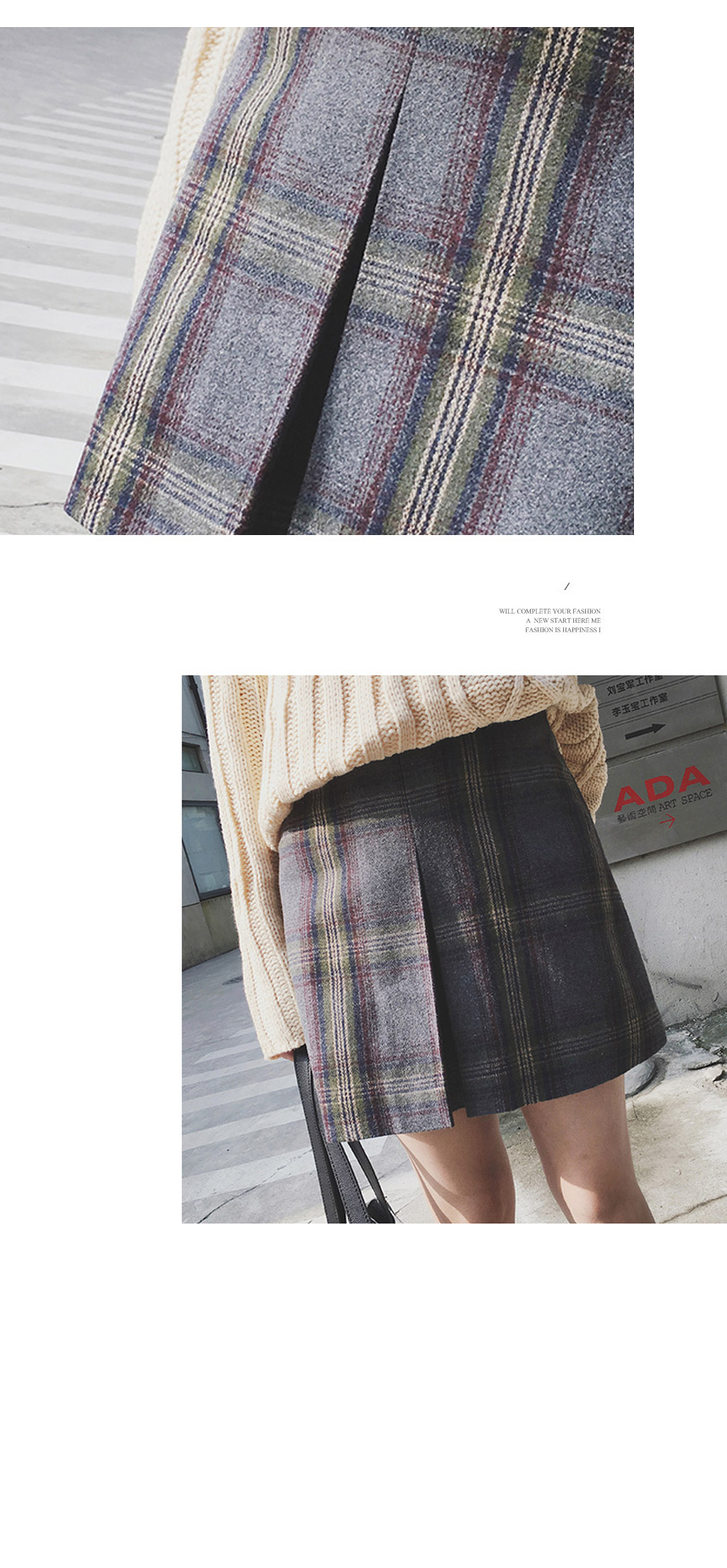 Check wool mini skirt 2size wrinkle autumn winter 