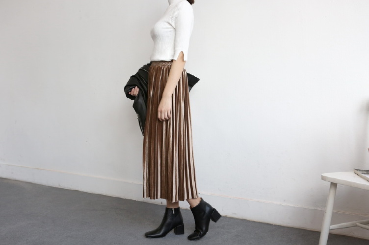 Glossy velvet Pleated bands Long skirt Semi office