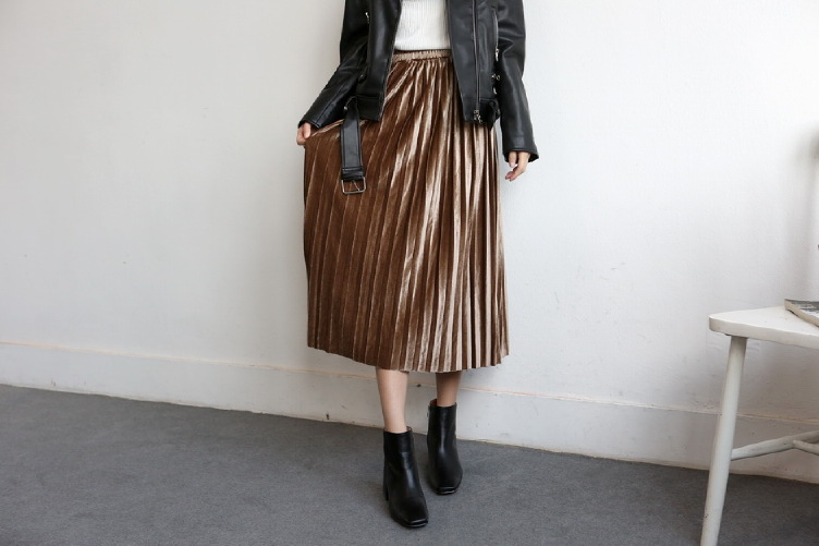 Glossy velvet Pleated bands Long skirt Semi office