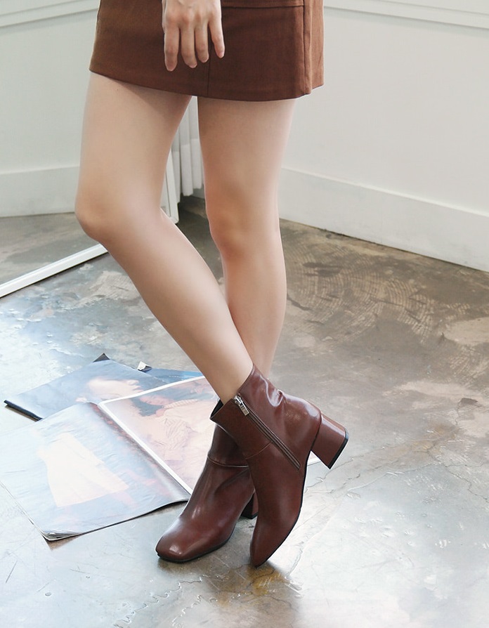 Leather suede square nose mid-angle boots heel hei