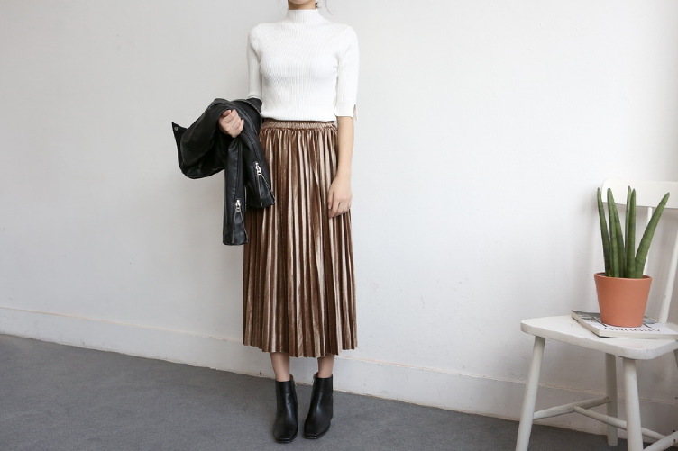Glossy velvet Pleated bands Long skirt Semi office