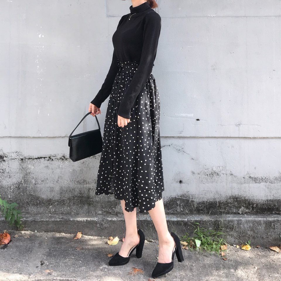 Autumn Frilled Dot Skirt Flare Midi Long Banding A