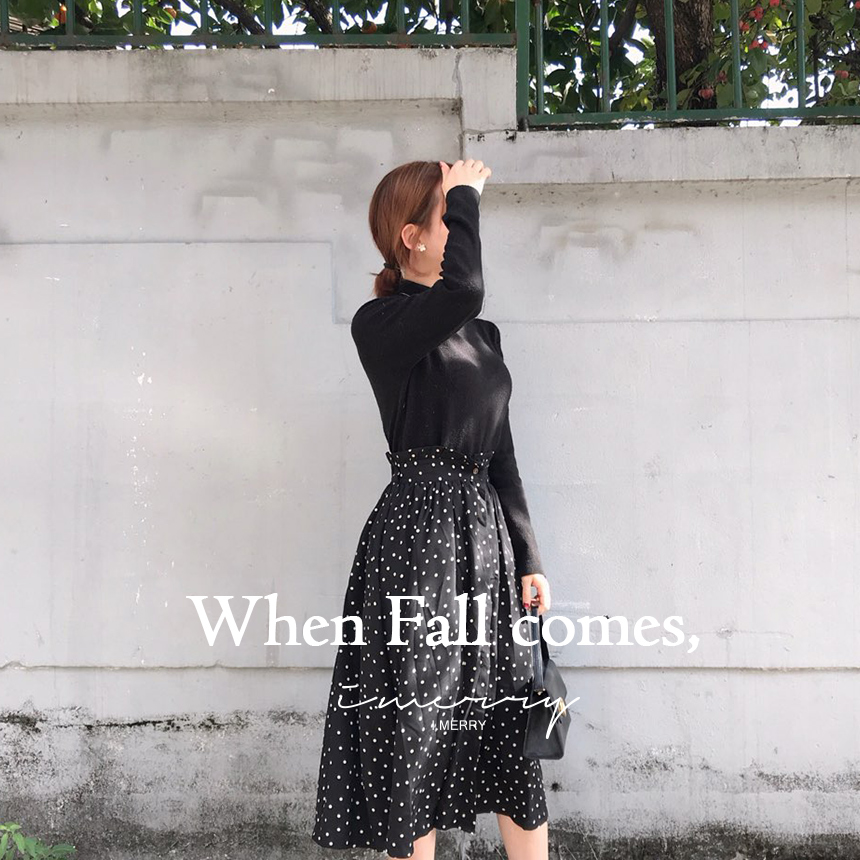 Autumn Frilled Dot Skirt Flare Midi Long Banding A