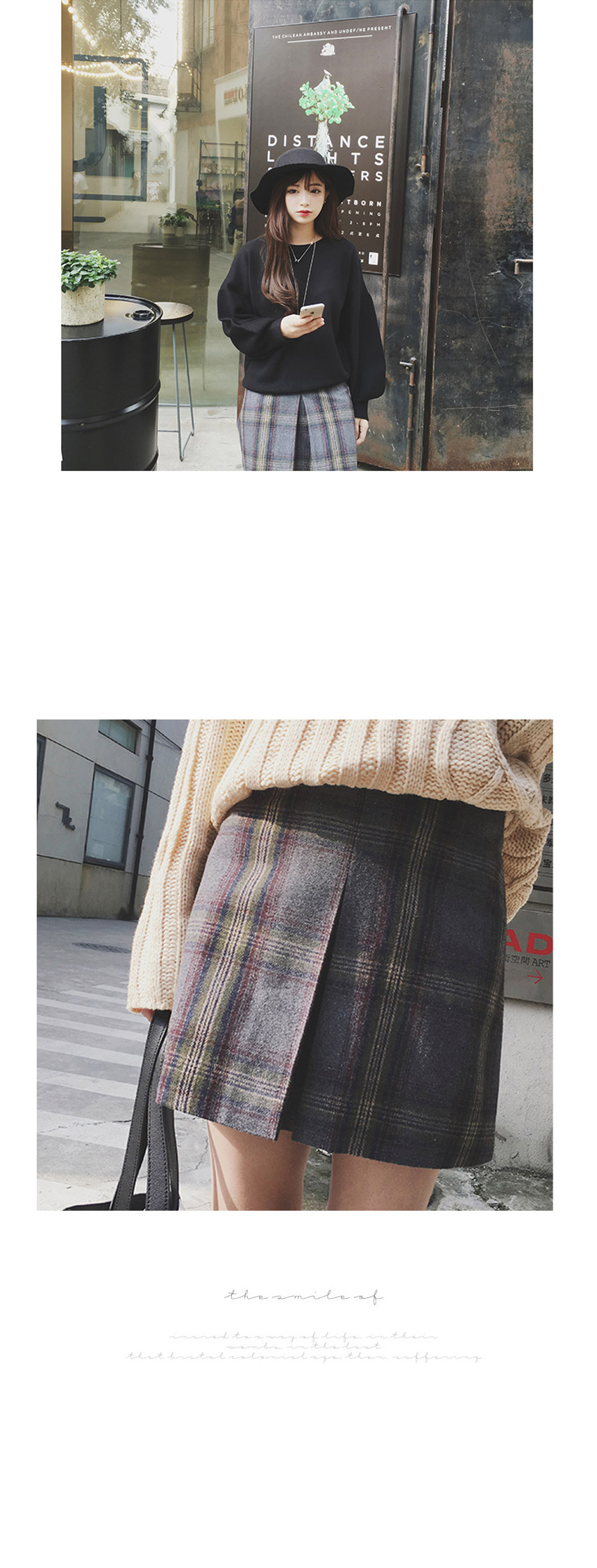 Check wool mini skirt 2size wrinkle autumn winter 