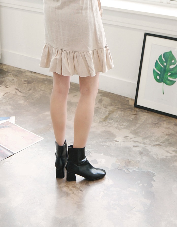 Leather suede square nose mid-angle boots heel hei