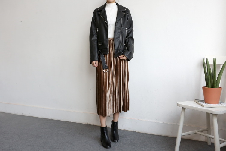 Glossy velvet Pleated bands Long skirt Semi office