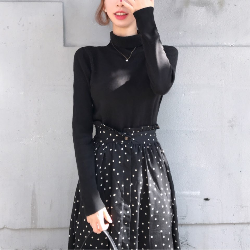 Autumn Frilled Dot Skirt Flare Midi Long Banding A