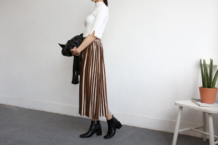 Glossy velvet Pleated bands Long skirt Semi office