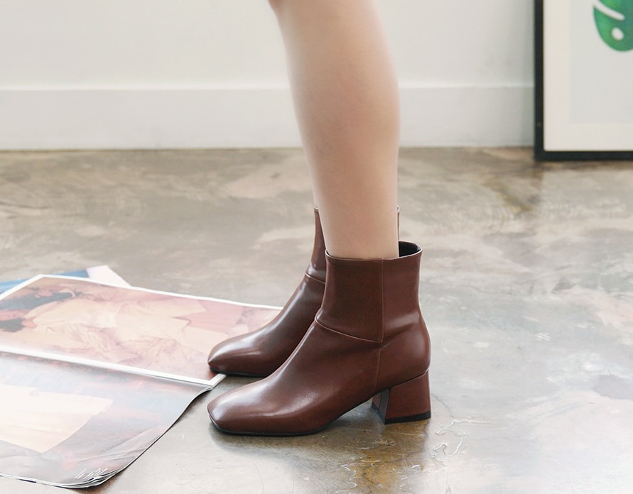 Leather suede square nose mid-angle boots heel hei