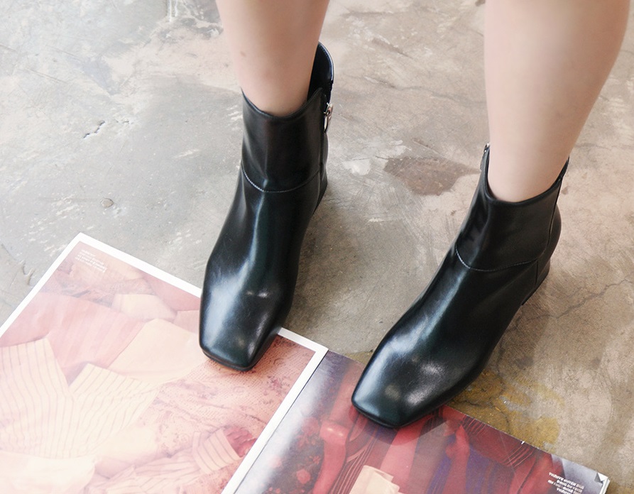 Leather suede square nose mid-angle boots heel hei