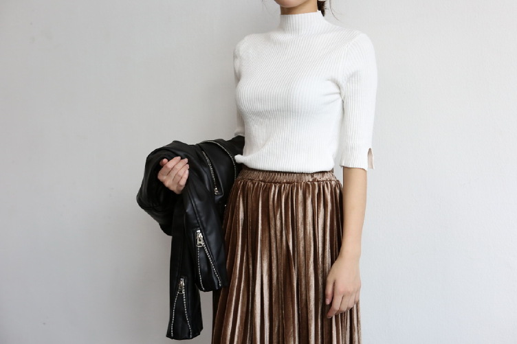 Glossy velvet Pleated bands Long skirt Semi office