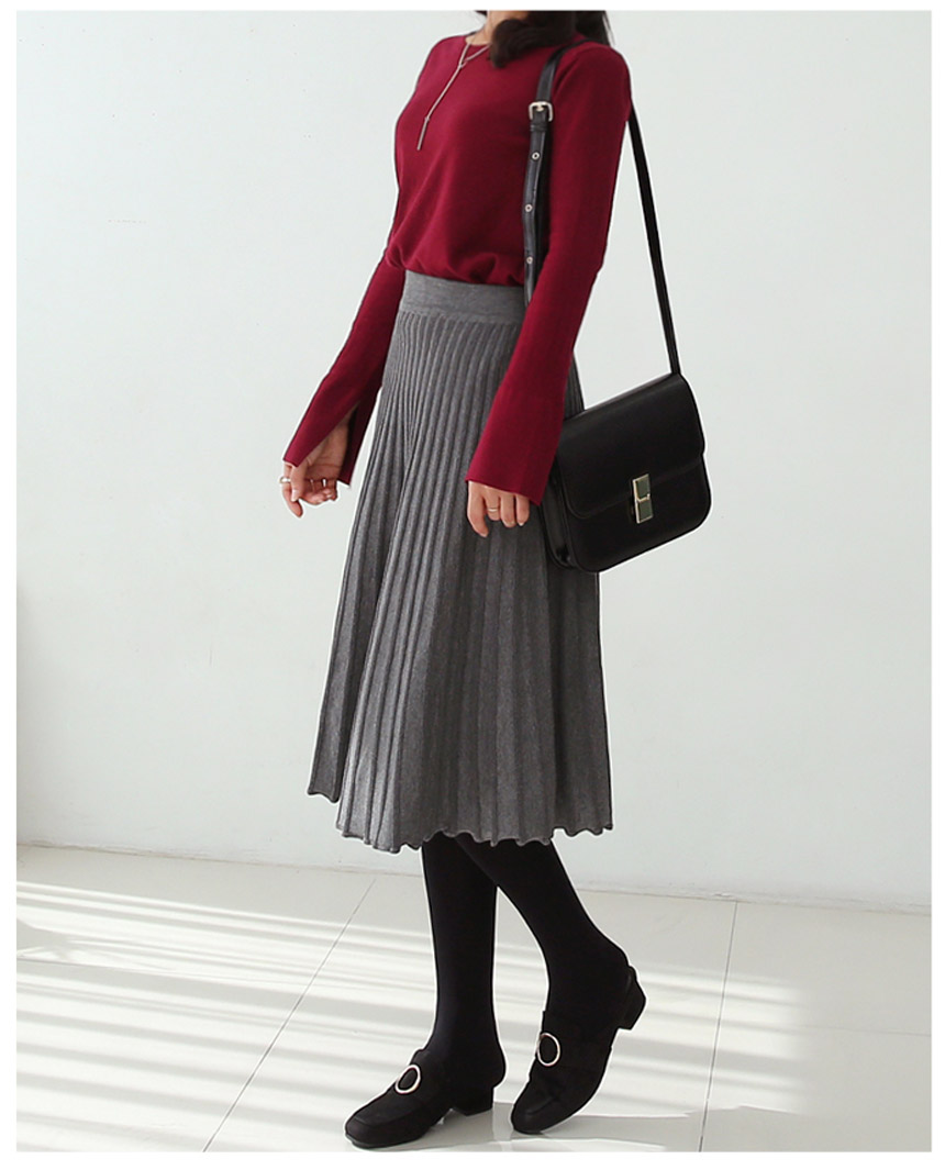 Knitted Pleated Long Skirt Crease Flare Romantic D