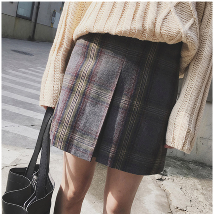 Check wool mini skirt 2size wrinkle autumn winter 