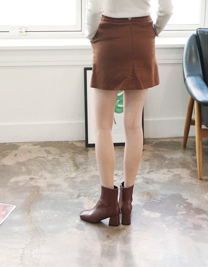 Leather suede square nose mid-angle boots heel hei