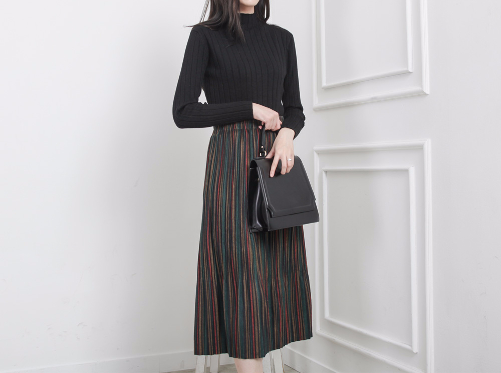 Striped bending pleated long skirt winter autumn w