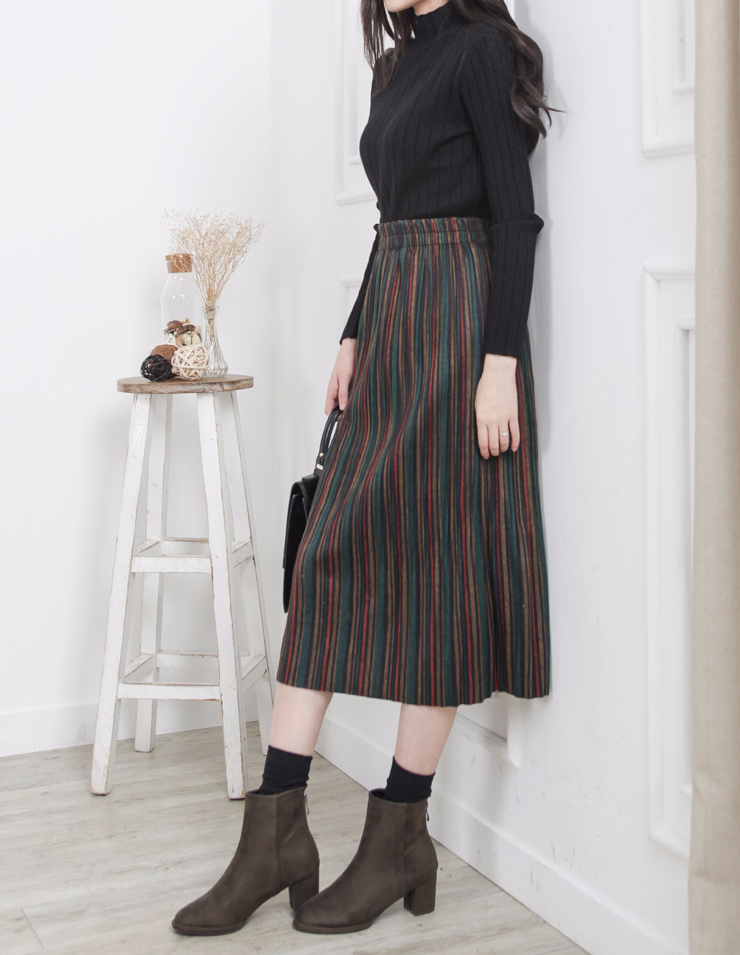 Striped bending pleated long skirt winter autumn w