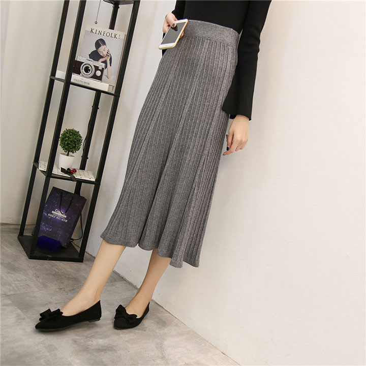 A line flared banding long skirt gray beige black 