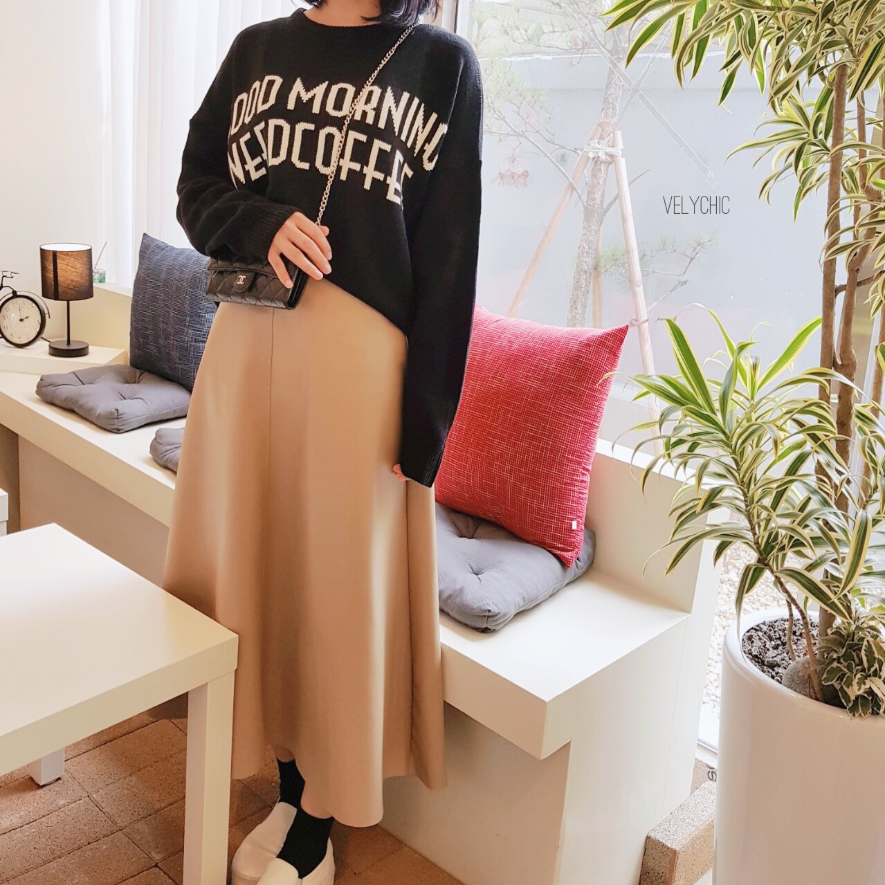 Long skirt leather A-line mom black Women's win