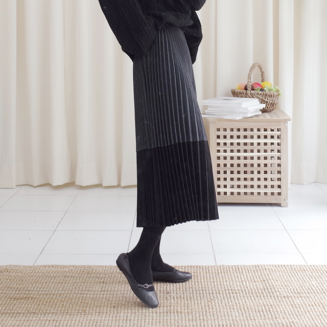 Wool color long pleated pleated skirt woman coordi