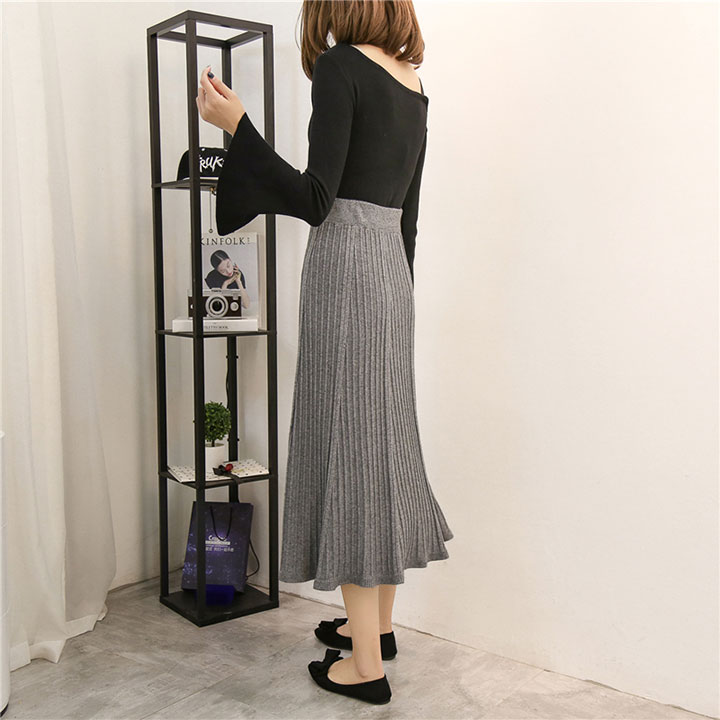 A line flared banding long skirt gray beige black 