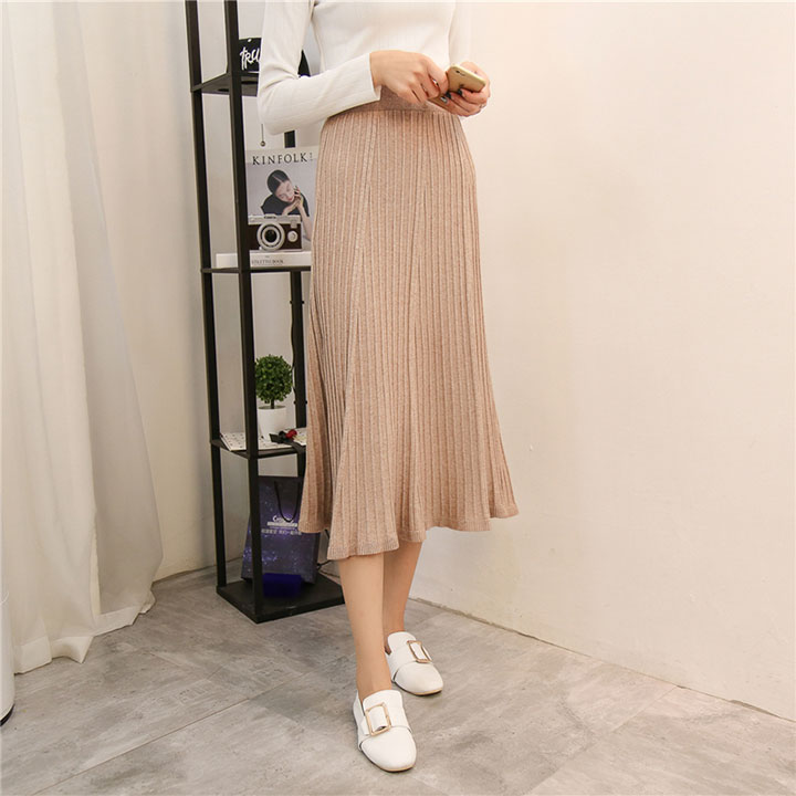 A line flared banding long skirt gray beige black 
