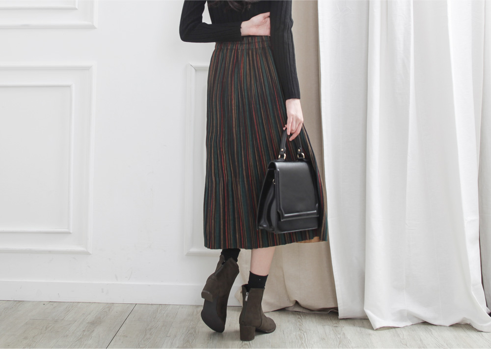 Striped bending pleated long skirt winter autumn w