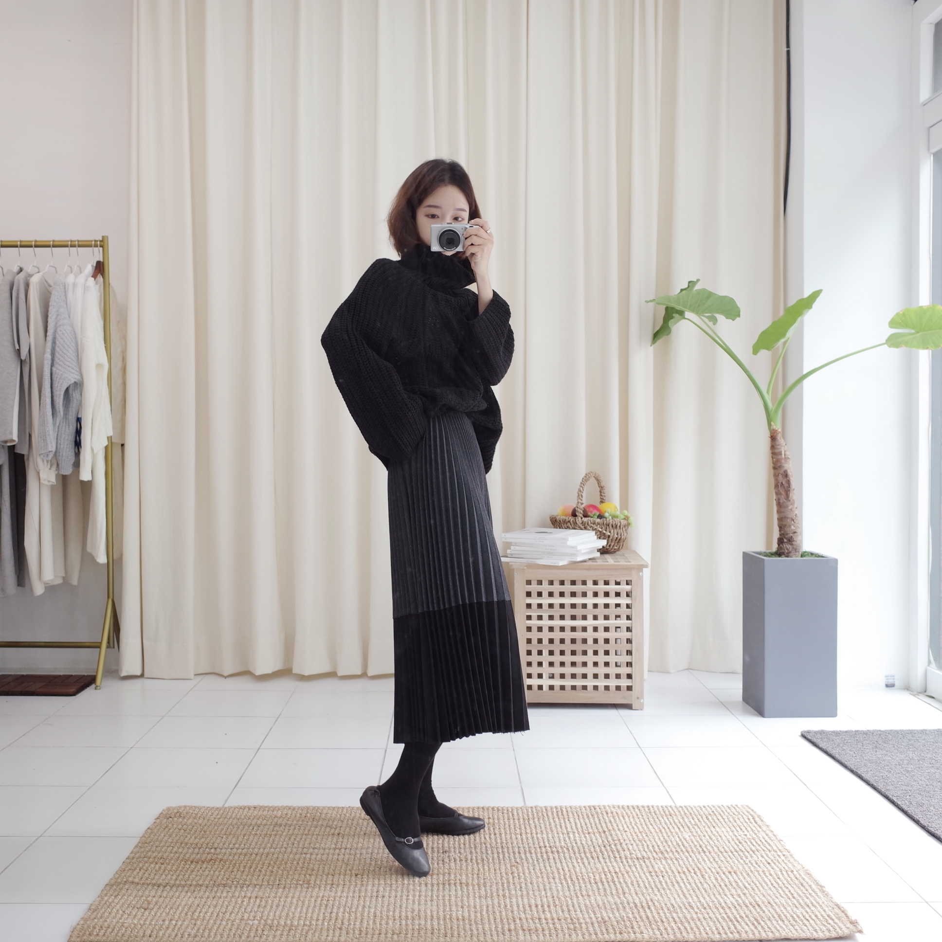 Wool color long pleated pleated skirt woman coordi