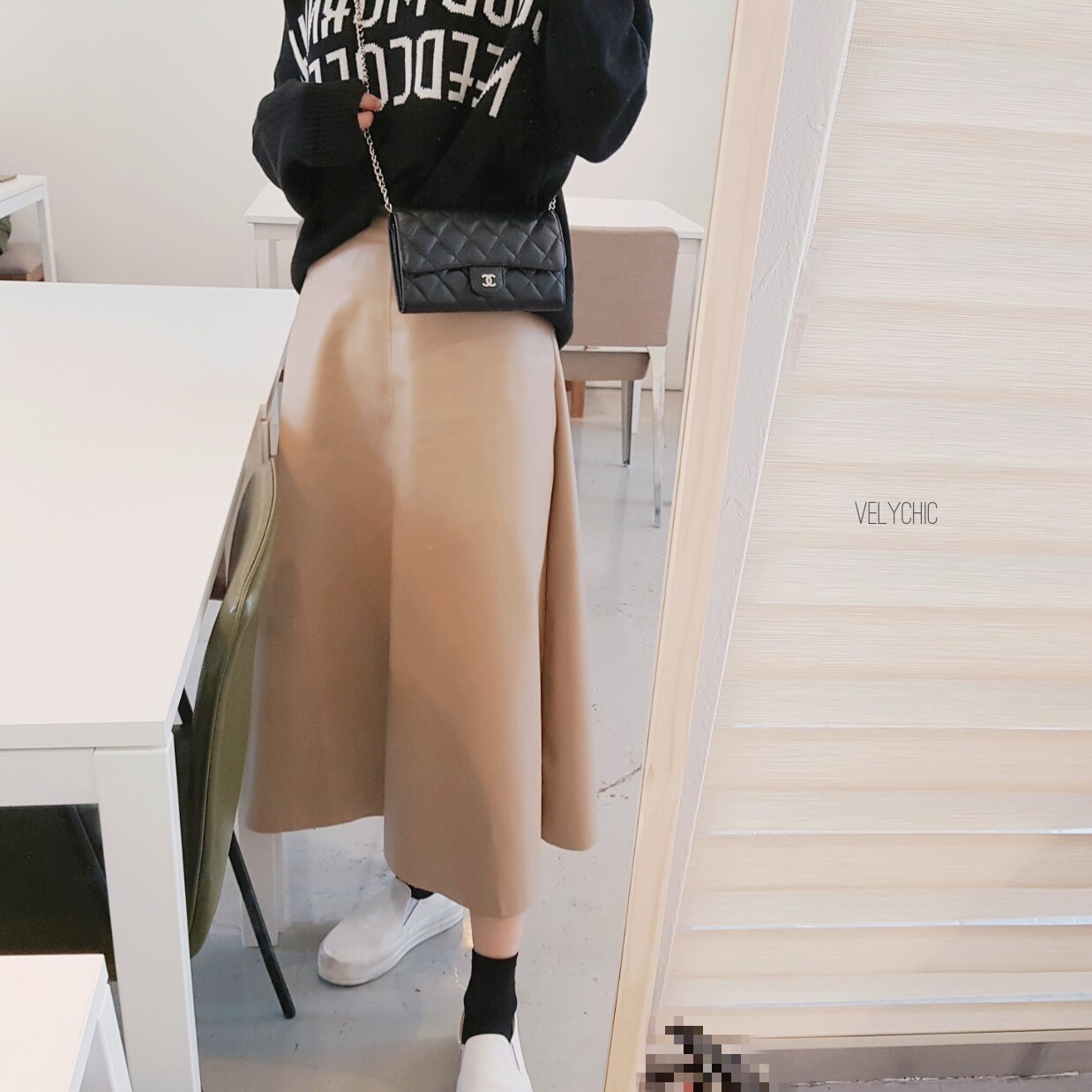 Long skirt leather A-line mom black Women's win