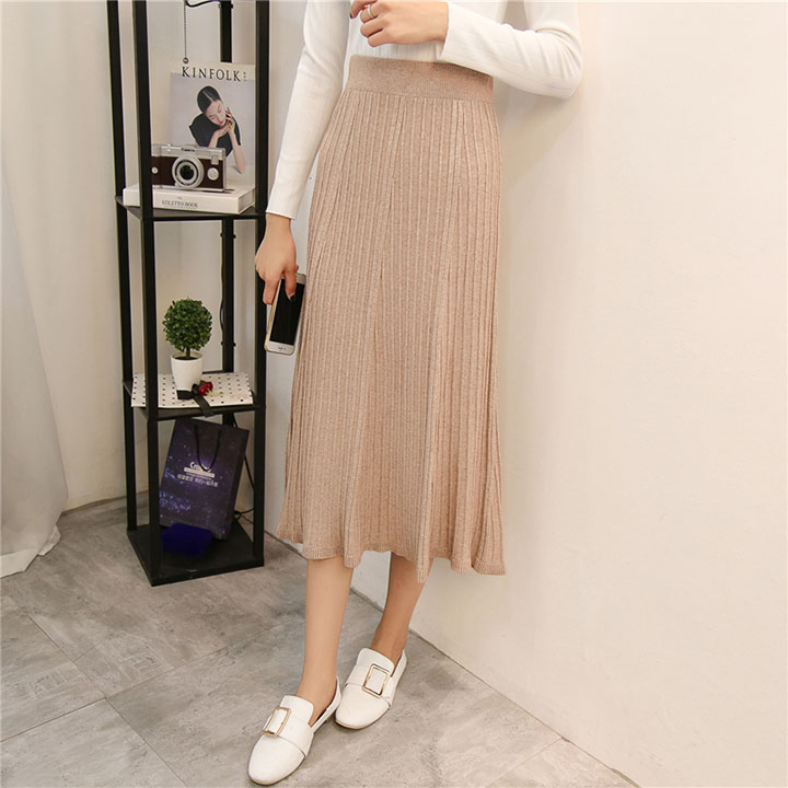 A line flared banding long skirt gray beige black 