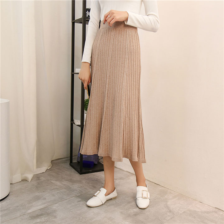 A line flared banding long skirt gray beige black 