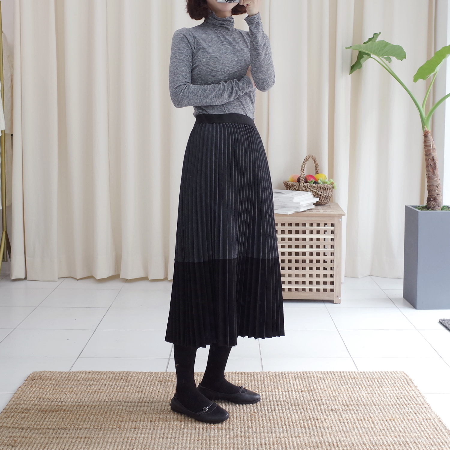 Wool color long pleated pleated skirt woman coordi