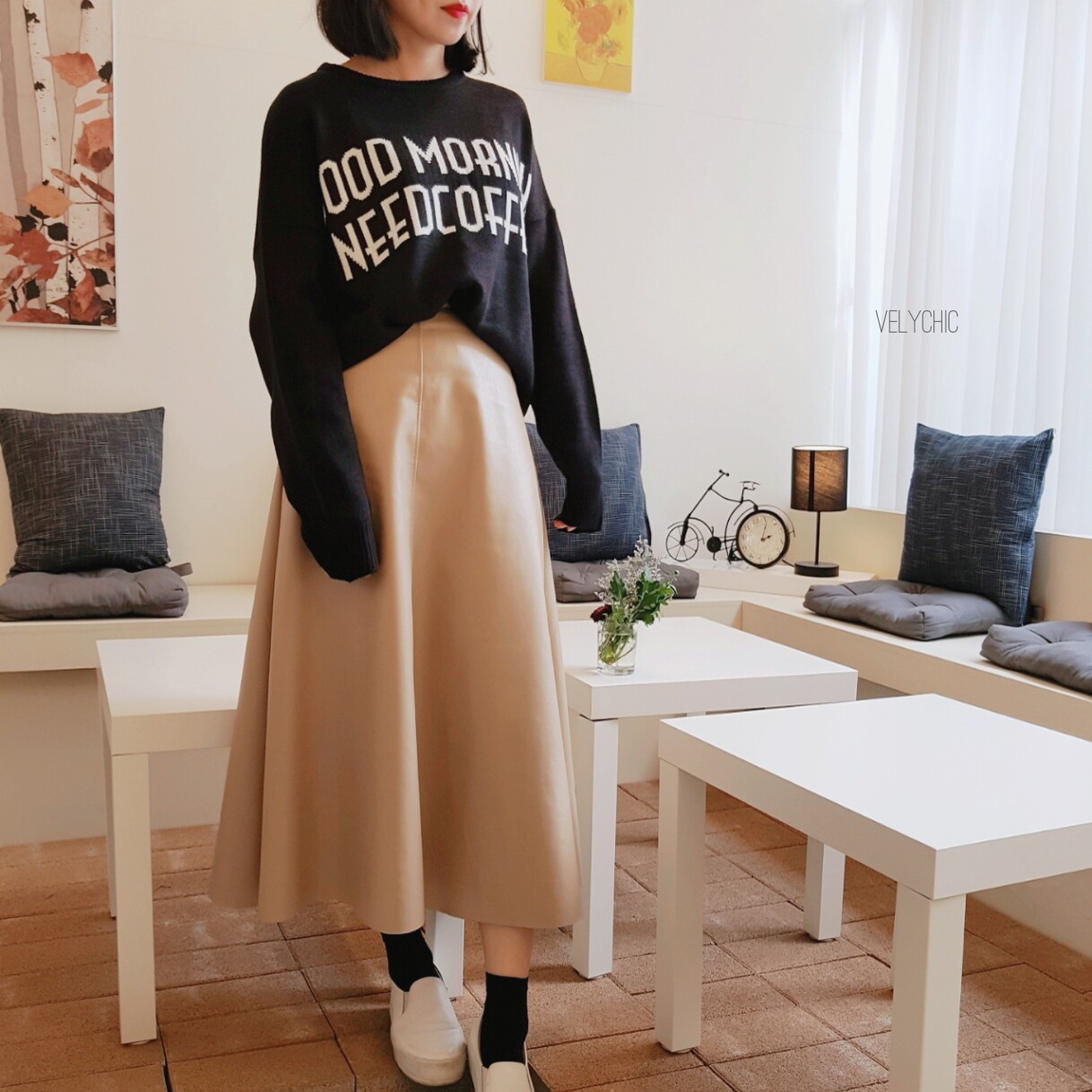 Long skirt leather A-line mom black Women's win