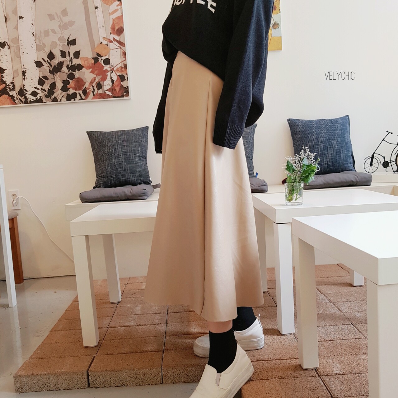 Long skirt leather A-line mom black Women's win