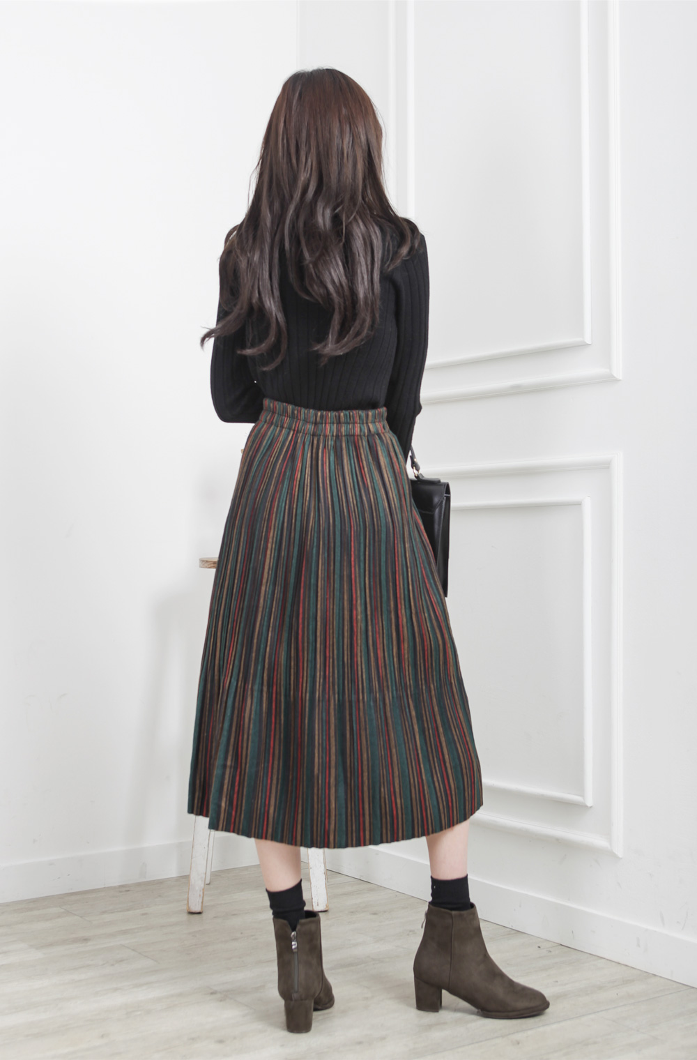 Striped bending pleated long skirt winter autumn w
