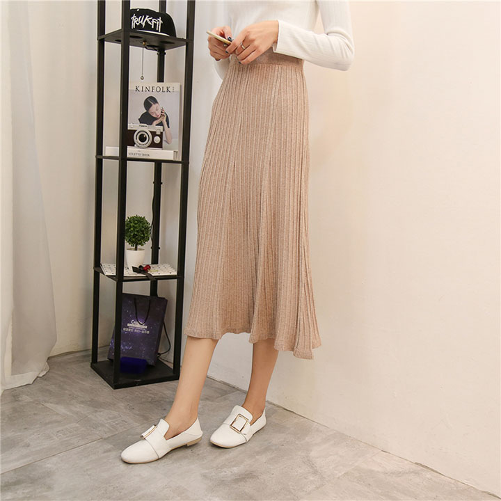 A line flared banding long skirt gray beige black 