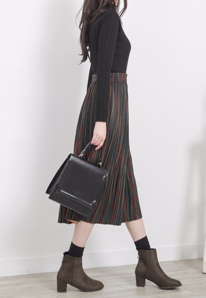 Striped bending pleated long skirt winter autumn w
