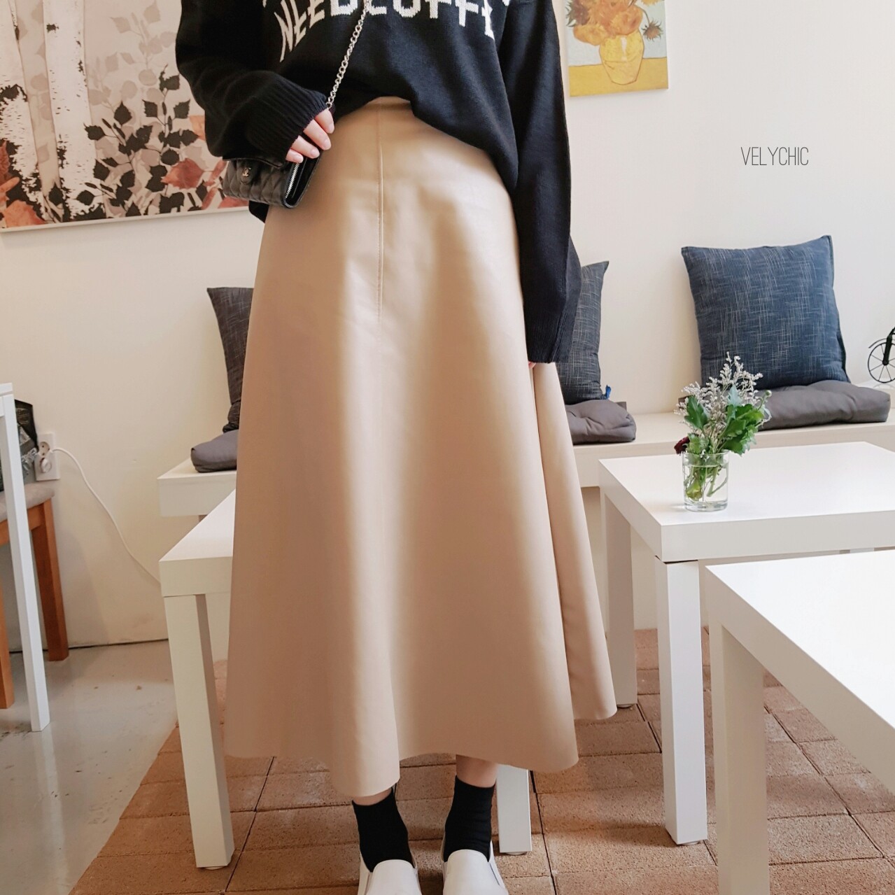 Long skirt leather A-line mom black Women's win