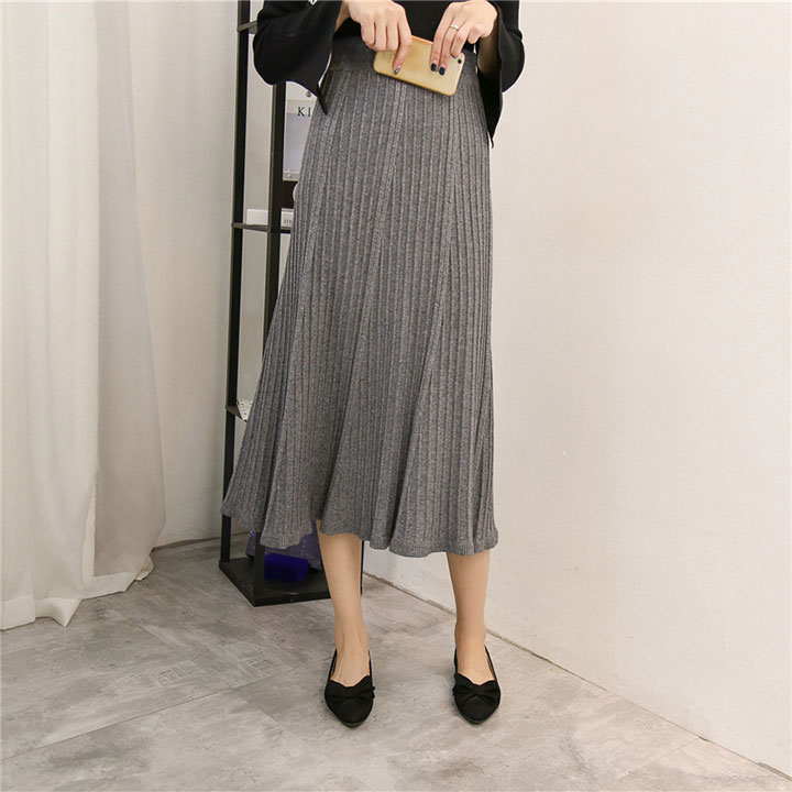 A line flared banding long skirt gray beige black 