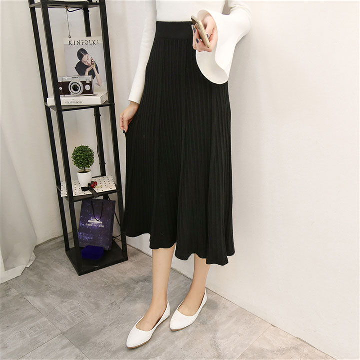 A line flared banding long skirt gray beige black 