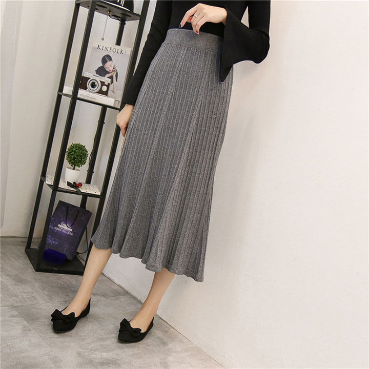A line flared banding long skirt gray beige black 