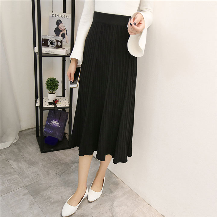A line flared banding long skirt gray beige black 