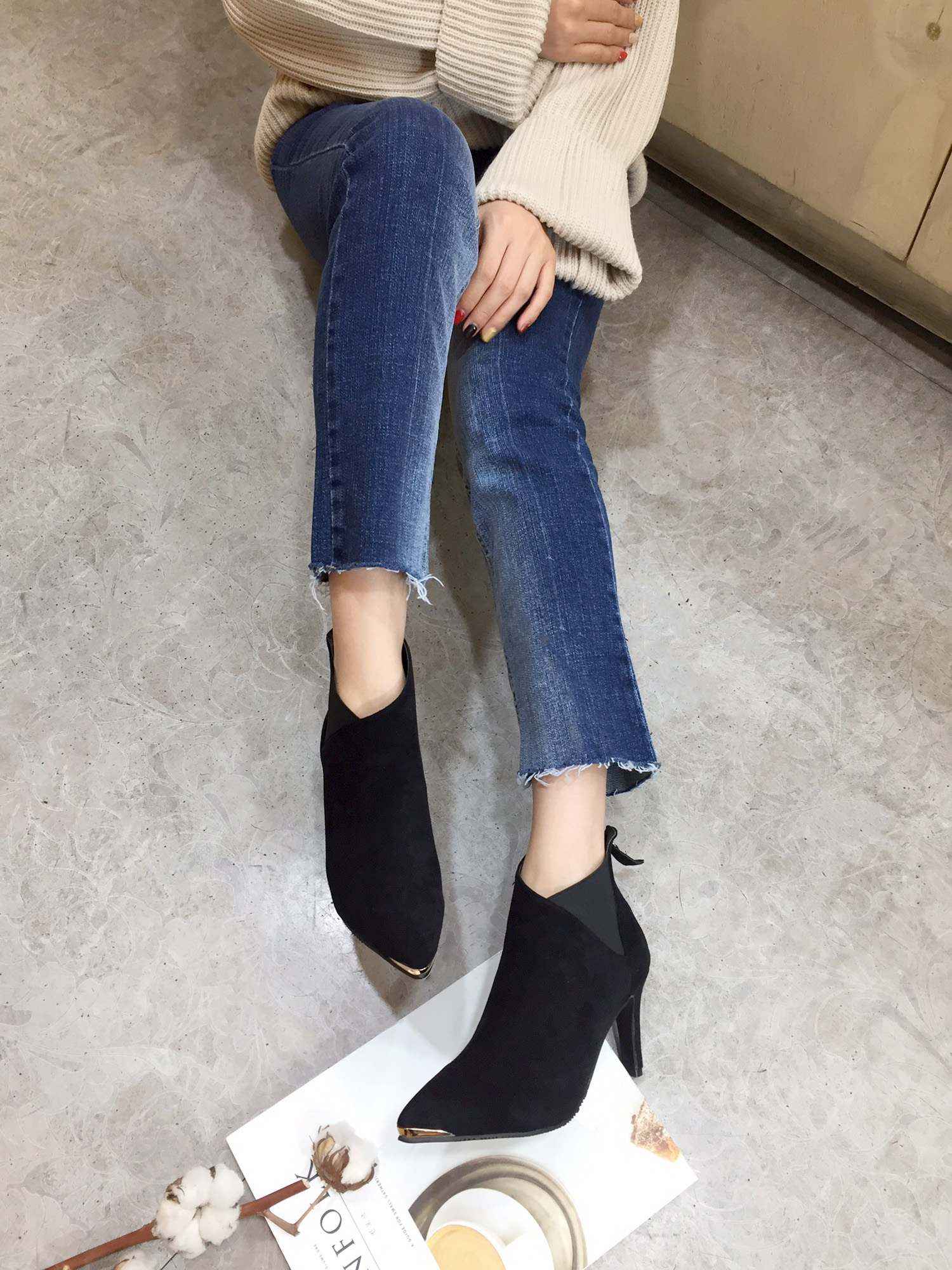 7cm Joshi Simple Suede Stiletto Heel Booty Chelsea