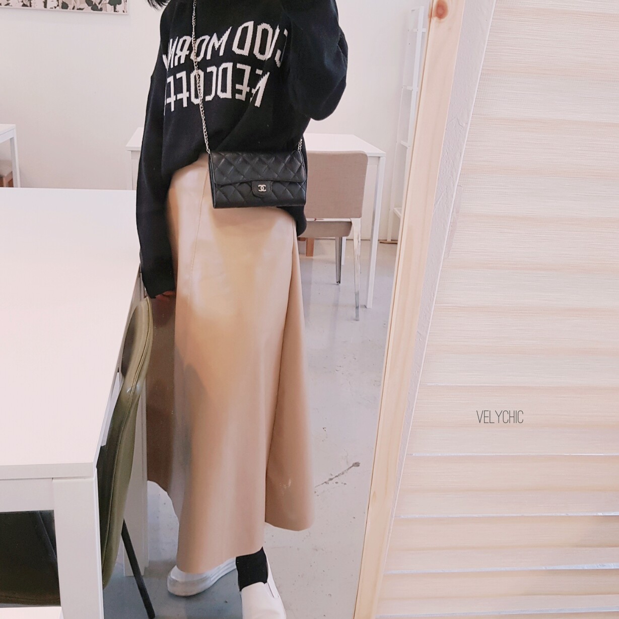 Long skirt leather A-line mom black Women's win